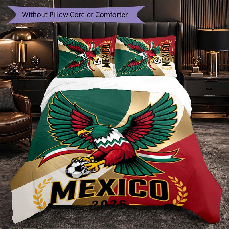 Mexico Footbal Pattern 3 Pieces Bedding Set Soft Microfiber Duvet Cover with Pillow Cases for Bedroom