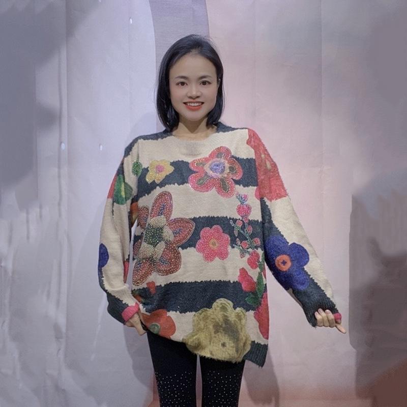2024 A/W Women's Plus Size Loose Mink Cashmere Sweater, Personality Print, Round Neck, Middle-Aged Style