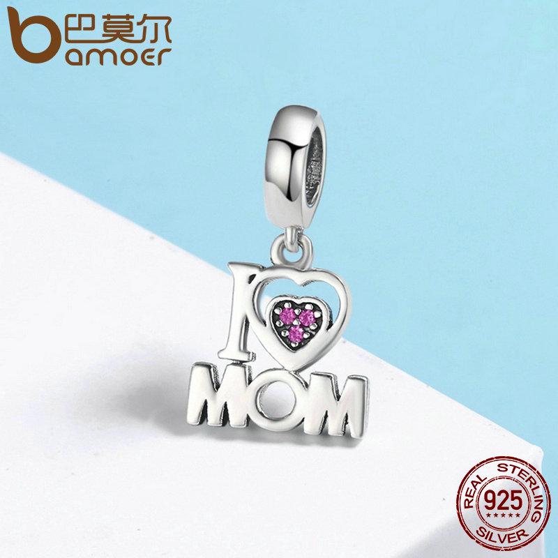 BAMOER 100% Authentic 925 Sterling Silver I Love Mom Letter Pendant Charms Fit Bracelets