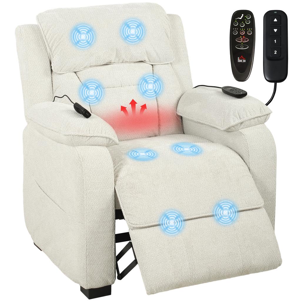 Power Recliner Armchair Massage Heat High Back Chair Cream White