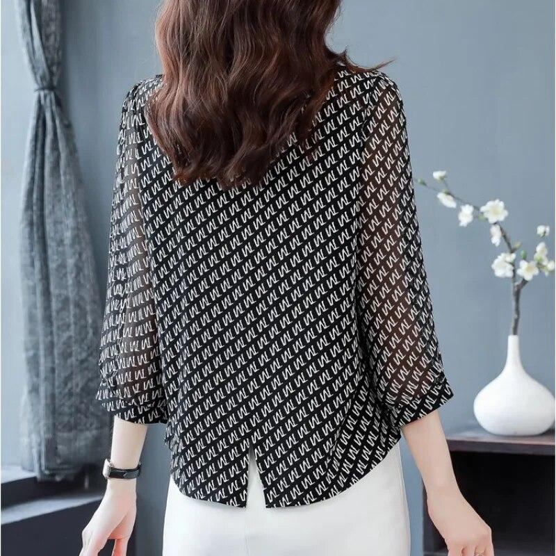 Mom's Fashionable 3/4 Sleeve Blouse Doll Collar Chiffon Shirt Women's Spring Autumn New Bottoming Top M-4XL