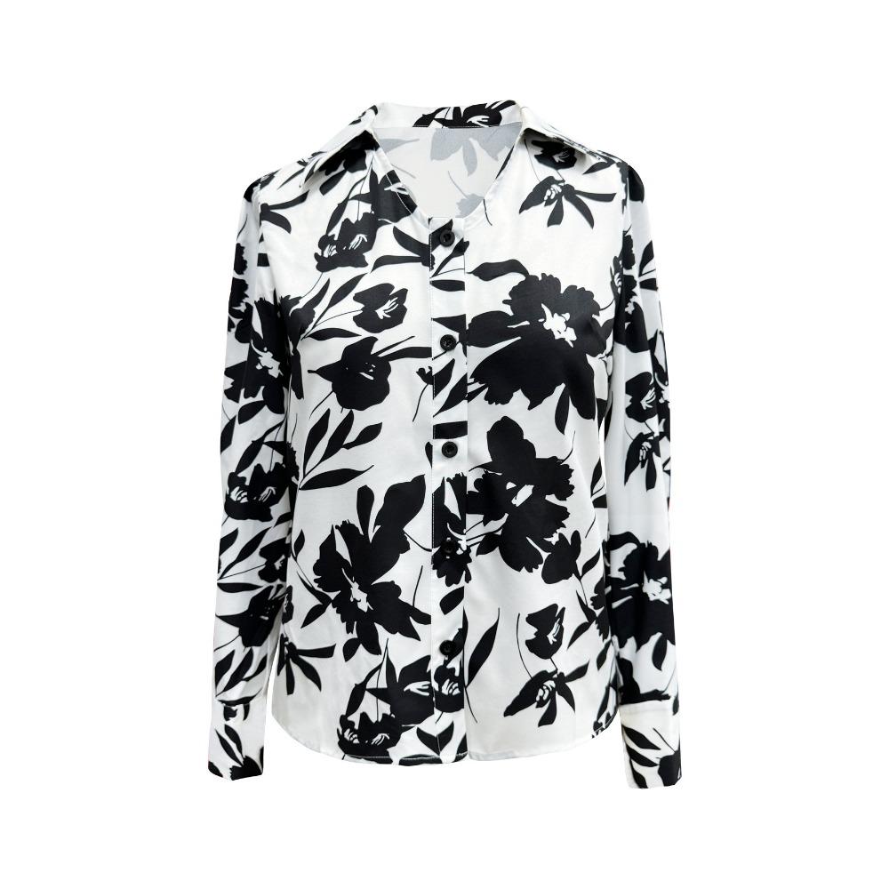 Women's Fashion Elegant V-Neck Open Lapel Long Sleeve Floral Printed Shirt