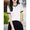 Women's Summer Thin Color Matching Round Neck Short Sleeve Knitted Bottom Top