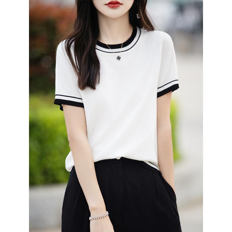Women's Summer Thin Color Matching Round Neck Short Sleeve Knitted Bottom Top