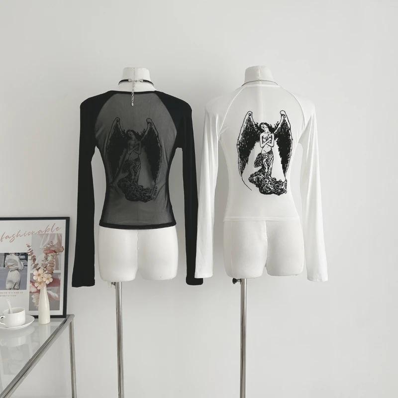 Schwarzes T-Shirt mit Retro-Engel-Print für Damen 2024 Frühlingsmode Slim Fit T-Shirt Y2k E-Girl Langarm Bottoming Tops Mujer Neu