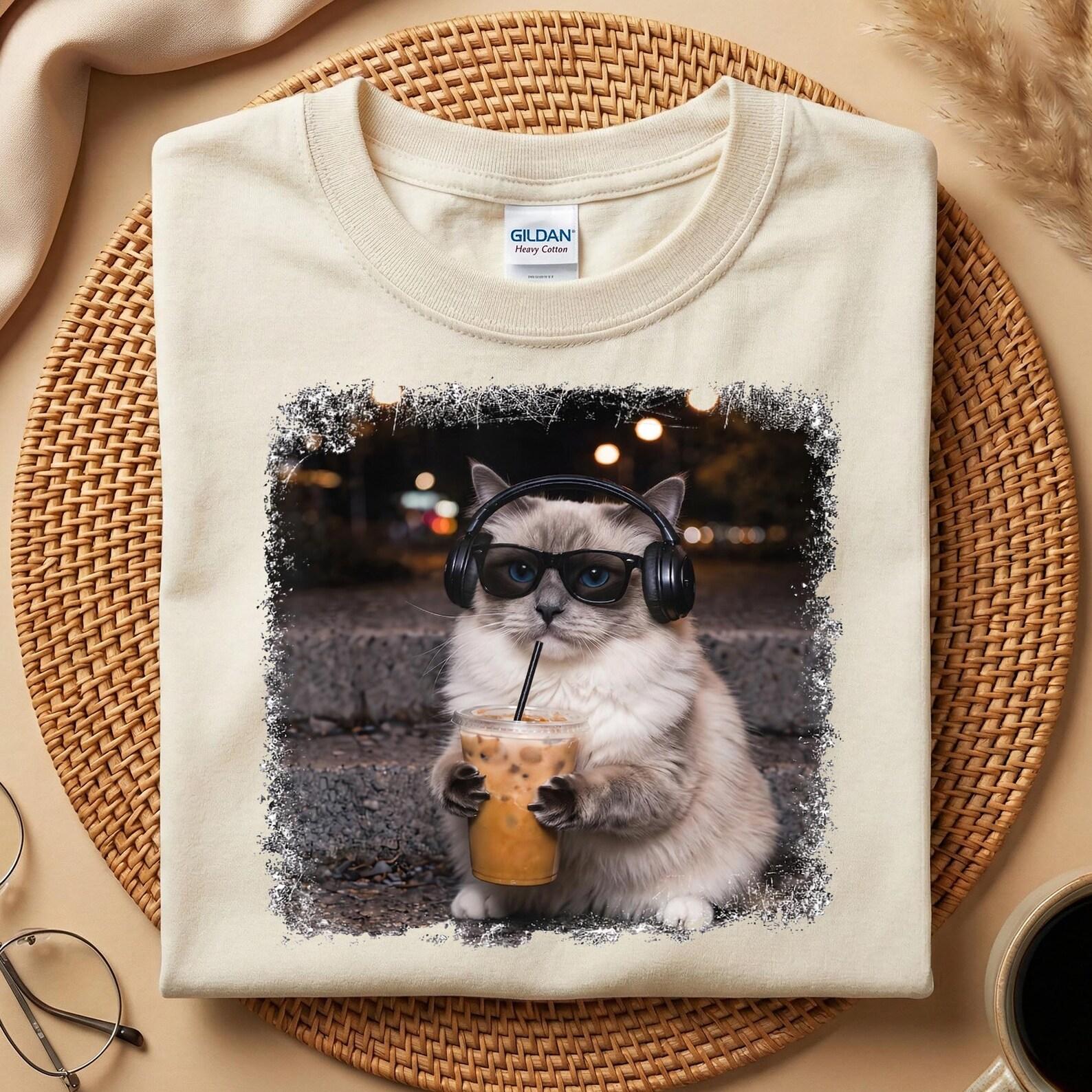 Cool Cat Boba Tea T-Shirt, Funny Cat Headphones Shirt, Cat Lover Gift Tee, Cute Cat Coffee Shirt, Aesthetic Cat Graphic Tee 3XL