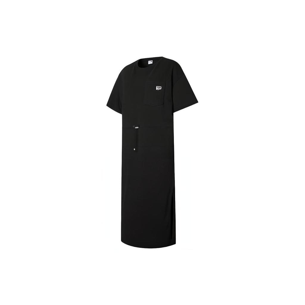 Puma Downtown Drawstring Waist Pocket Round Neck Pullover Sports Casual Short Sleeve Dress Women dress Black 531693-01