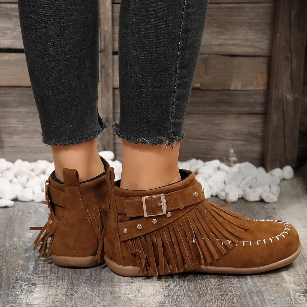 Winter Retro Quasten Damenstiefel Seitenreißverschluss Nieten Flache Schuhe Komfort Runde Zehenpartie Rutschfeste Stiefeletten für Damen Größe 43