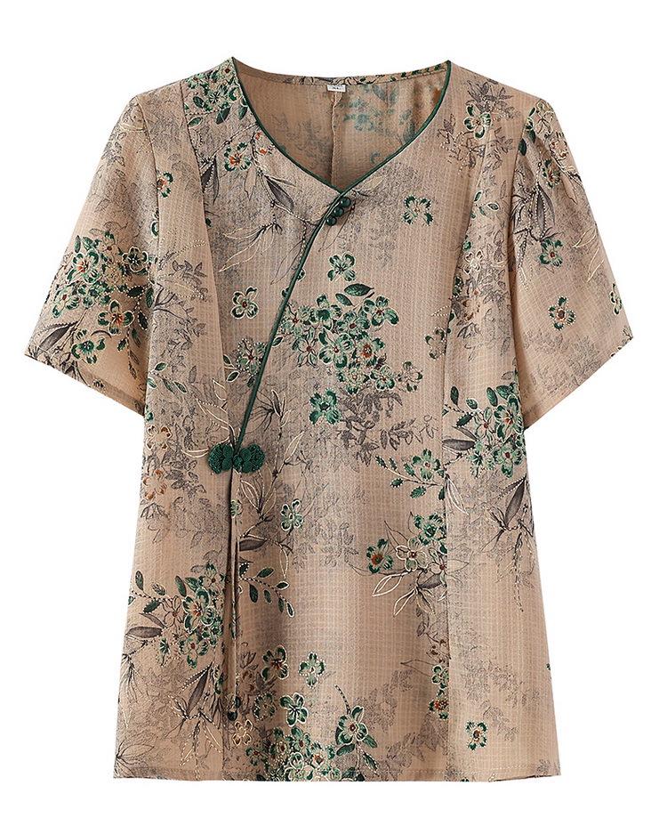 Moda de vară 2025: Set tricou cu mânecă scurtă și bluză cu imprimeu elegant pentru femei de vârstă mijlocie și vârstnice