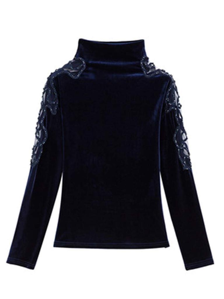 Mouhoukyo Guld Sammet Hög Hals Långärmad Genomskinlig Smal Elegant och Finns i 3 Färger Storlek Dam Topp, T-shirt, Underkläder, Bardot