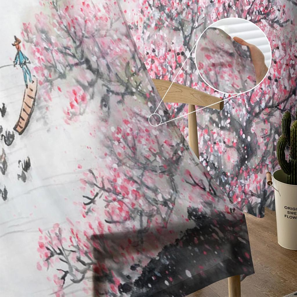 Plum Chinese Style Ink Modern Printed Tulle Curtains for Bedroom Balcony Window Decor Creative Fashion Home Sheer Curtain