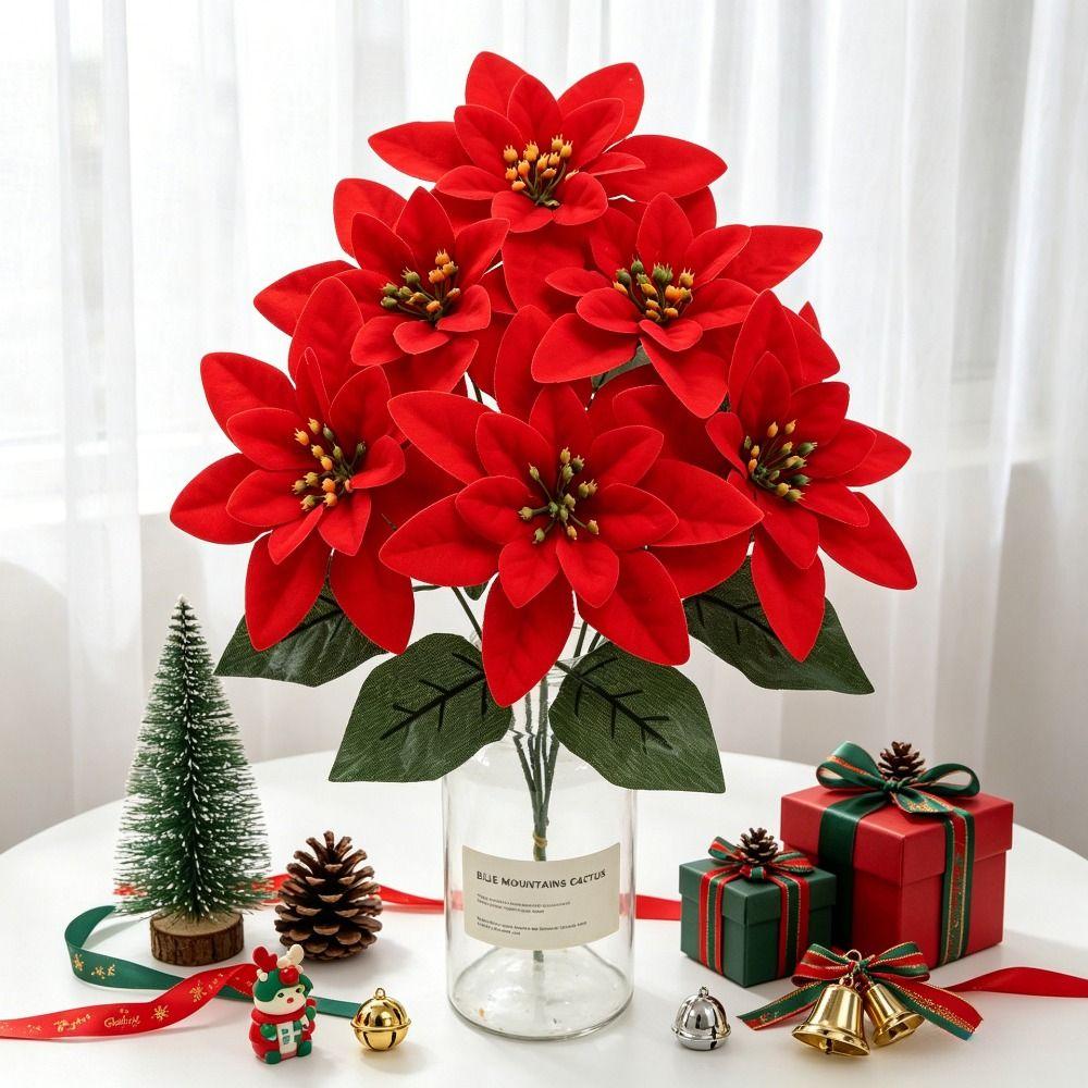 Red Color Christmas Flowers Bouquet Green Leaves Fake Flowers Decoration Christmas Tree Ornaments