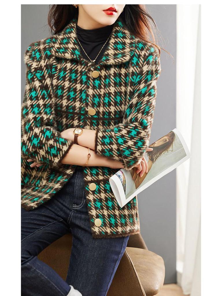 Women's Korean-Style Plaid Wool Jacket - Loose Short Fit, Trendy Autumn/Winter 2025 Collection