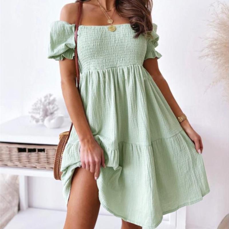Sexy Slit Neck Dress Women Short Sleeve Summer Pleated Puff Sleeve Open Back Party Beach Dresses Female Elegant Solid Knee Length Dress