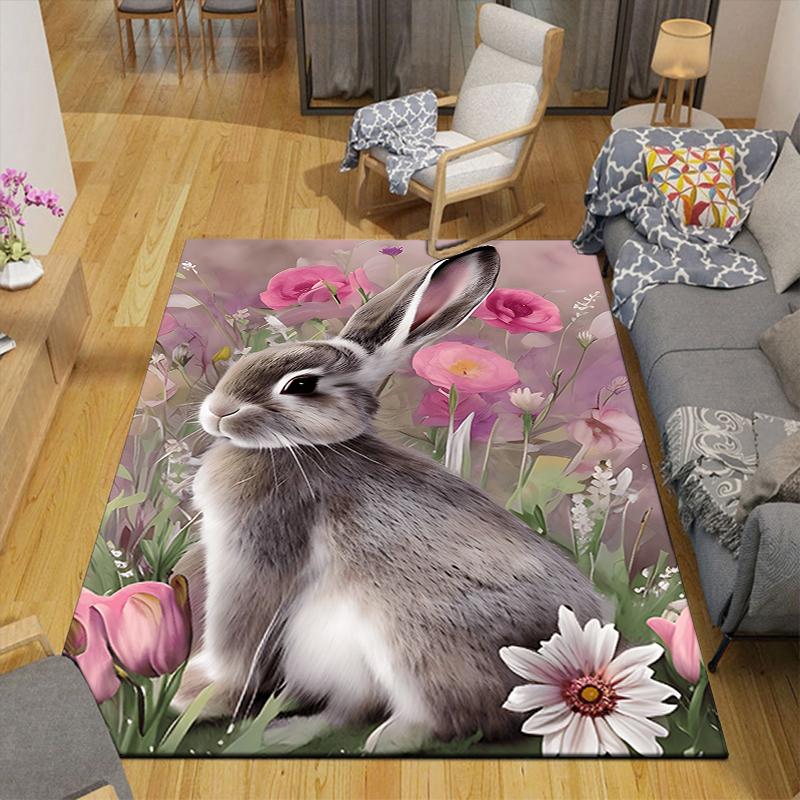 1Pc Rabbit Flowers Rug, Office Carpet Indoor Outdoor Doormat, Non-Slip, Comfortable, Living, Christmas Halloween,  Xmas Gift G130