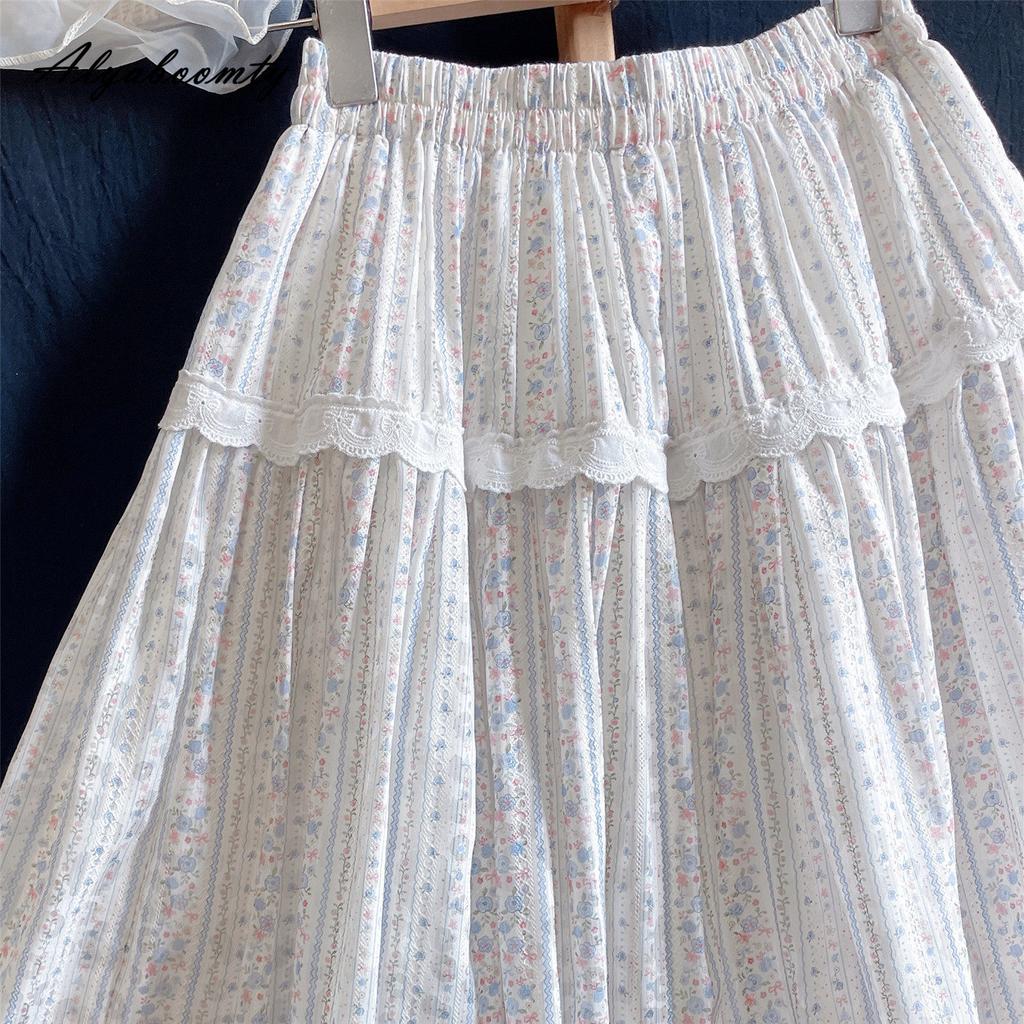 Japanischer Mori Girl Frühling Sommer Damen A-Linien-Rock Hohe Taille Süßer Blumenspitzen-Rüschen-Patchwork-Rock Eleganter Femininer Damenrock