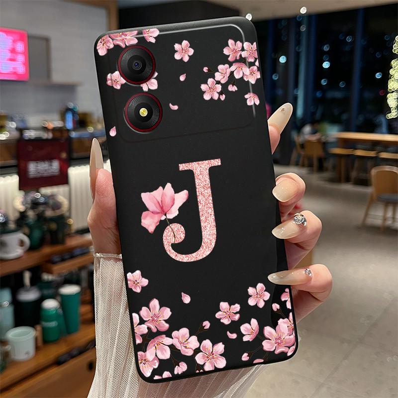 Black Case For ZTE Blade A34 4G Funda Beautiful Flower Printing Initial Letters Phone Casing Soft Silicone Protective Back Cover