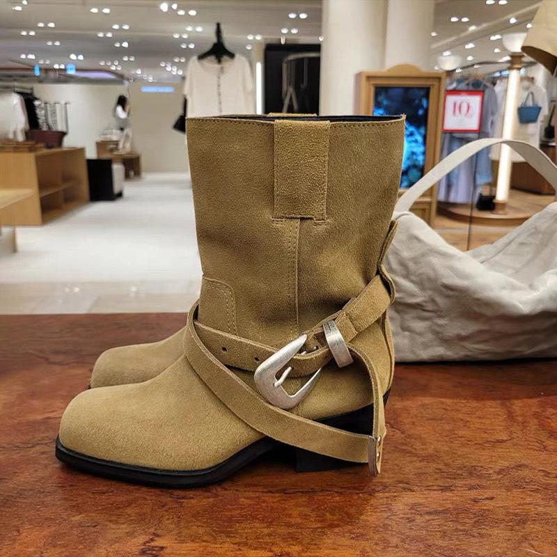 Cowhide Version~ Retro Square Head Suede Belt Buckle Short Boots Women's Wide Tube Medium Boots Thick Heel One Pedal Martin Boots