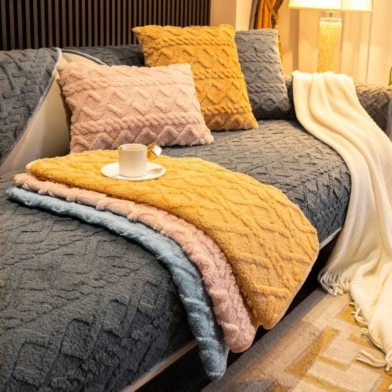 Simplicity Solid Color Thick Plush Sofa Covers Towel Soft Plush Couch Cover for Living Room L-shaped Corner Sofas Decor Cushion