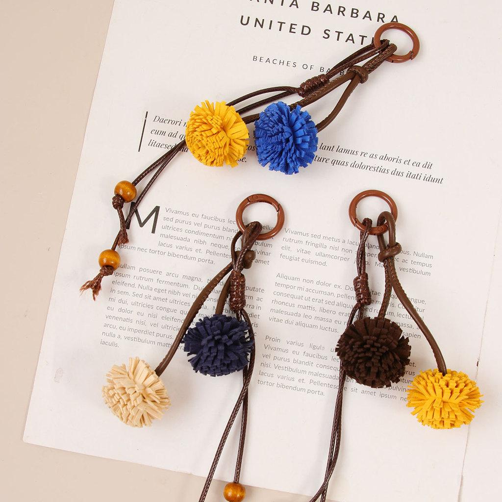 Miu Qi Retro Colorful Tassel Ball Keychain Handmade Faux Leather Accessories For Casual Bags