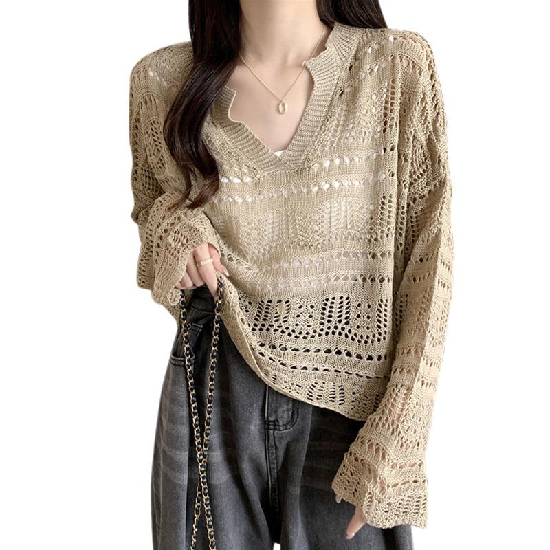 

Женские топы V-образный вырез пуловер вырез длинные рукава облегающий однотонный One Size