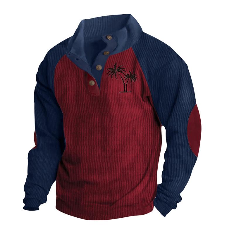 Men's Drop-Shoulder Sleeve Casual Printed Stand-Up Collar Loose-Fit Corduroy Patchwork Sports Sweatshirt