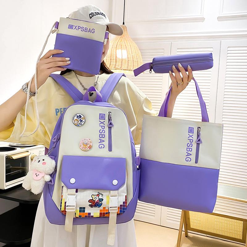 School Bag Campus Backpack Four-piece Contrasting Color New Primary School School Bag Female Large-capacity Junior High School Backpack