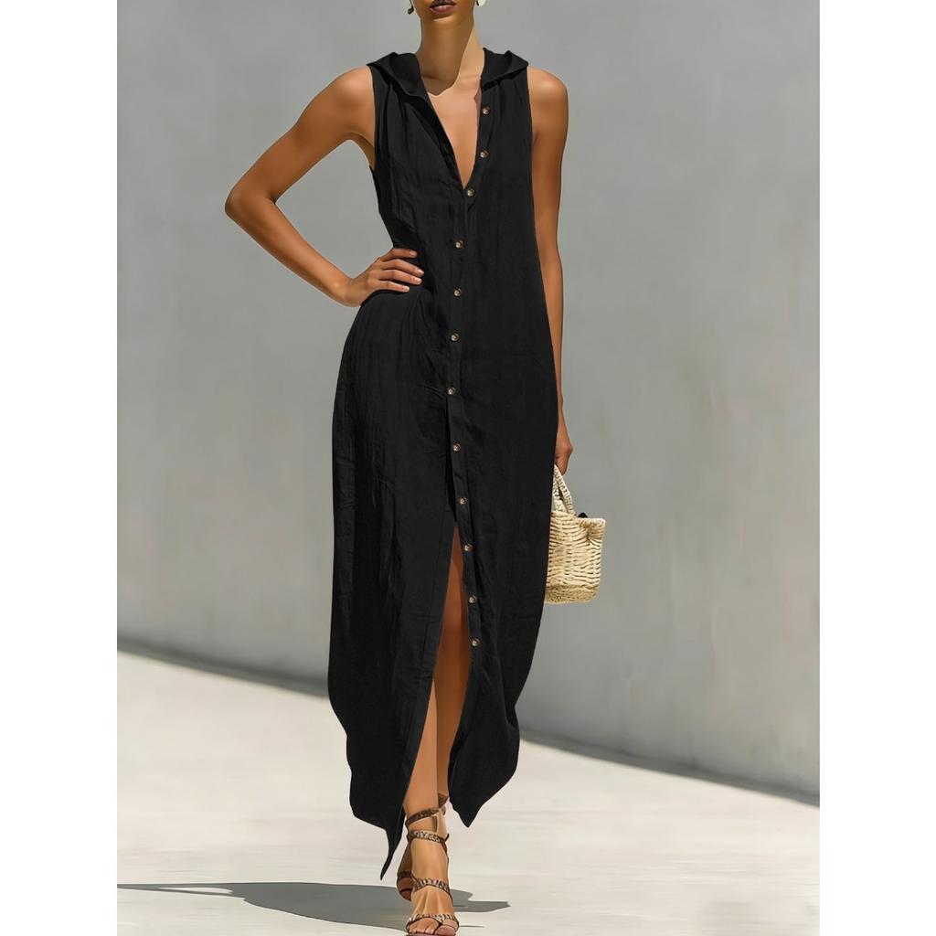 Spring Summer Solid Color Sleeveless Hooded Dress, Casual Single-breasted Cardigan Cover Up For Women