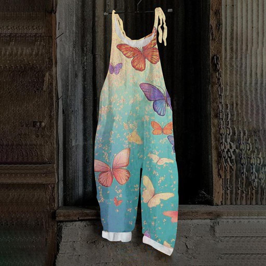 Women's Jumpsuit With Butterfly Print, Casual Loose And Retro Shoulder Straps, Cotton And Linen
