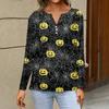 Women's Fashion Casual Halloween Printed V-Neck Button Trim Long Sleeve T-Shirt Top