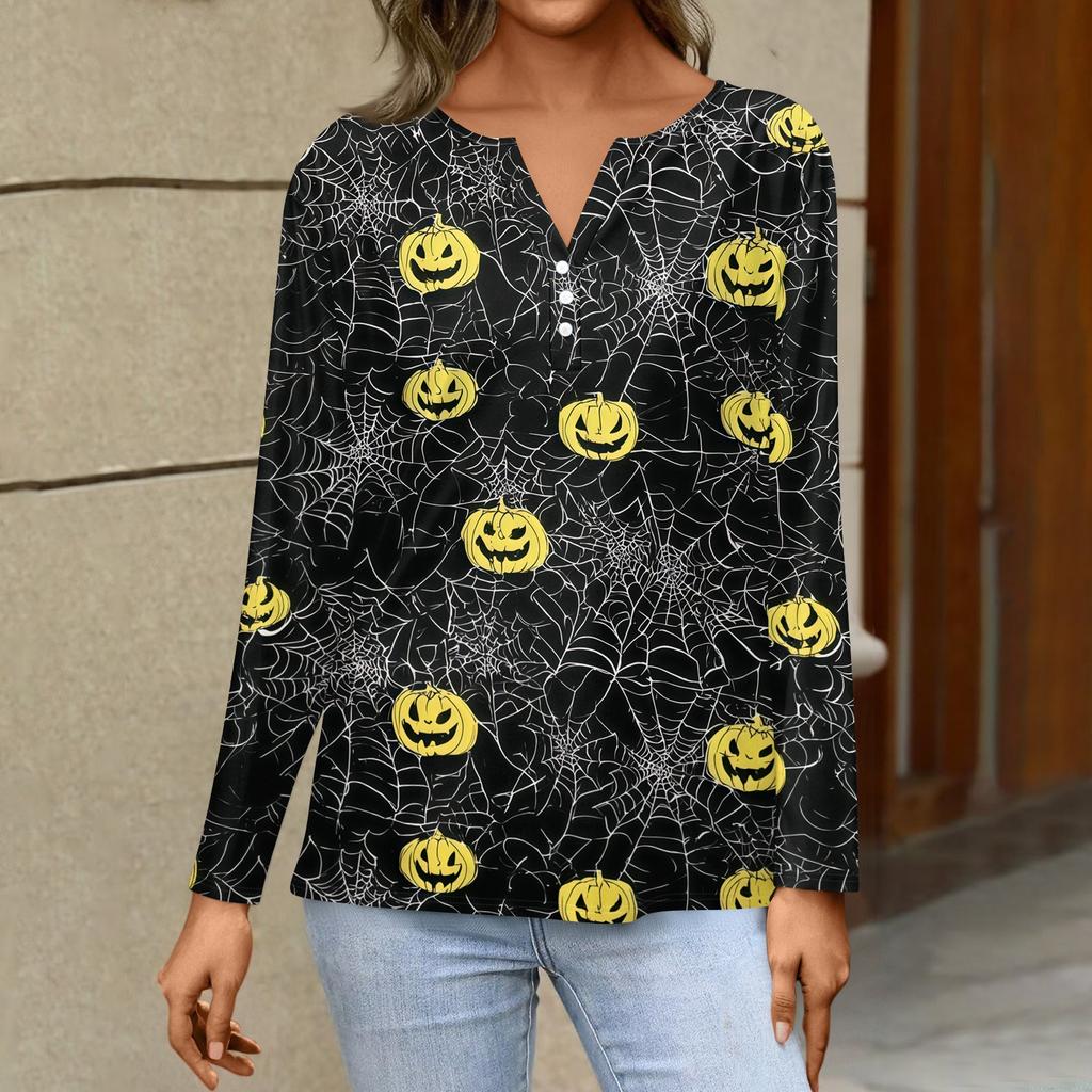 Women's Fashion Casual Halloween Printed V-Neck Button Trim Long Sleeve T-Shirt Top