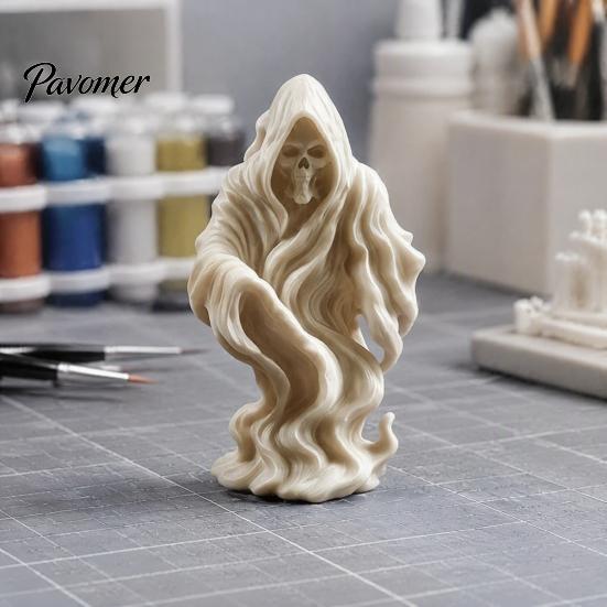 Creative Halloween Gift 3D Printed Grim Reaper Ghost Statue, Gothic Skeleton Figurine, Skull Face Statue DIY Blank White Sculpture, Desktop