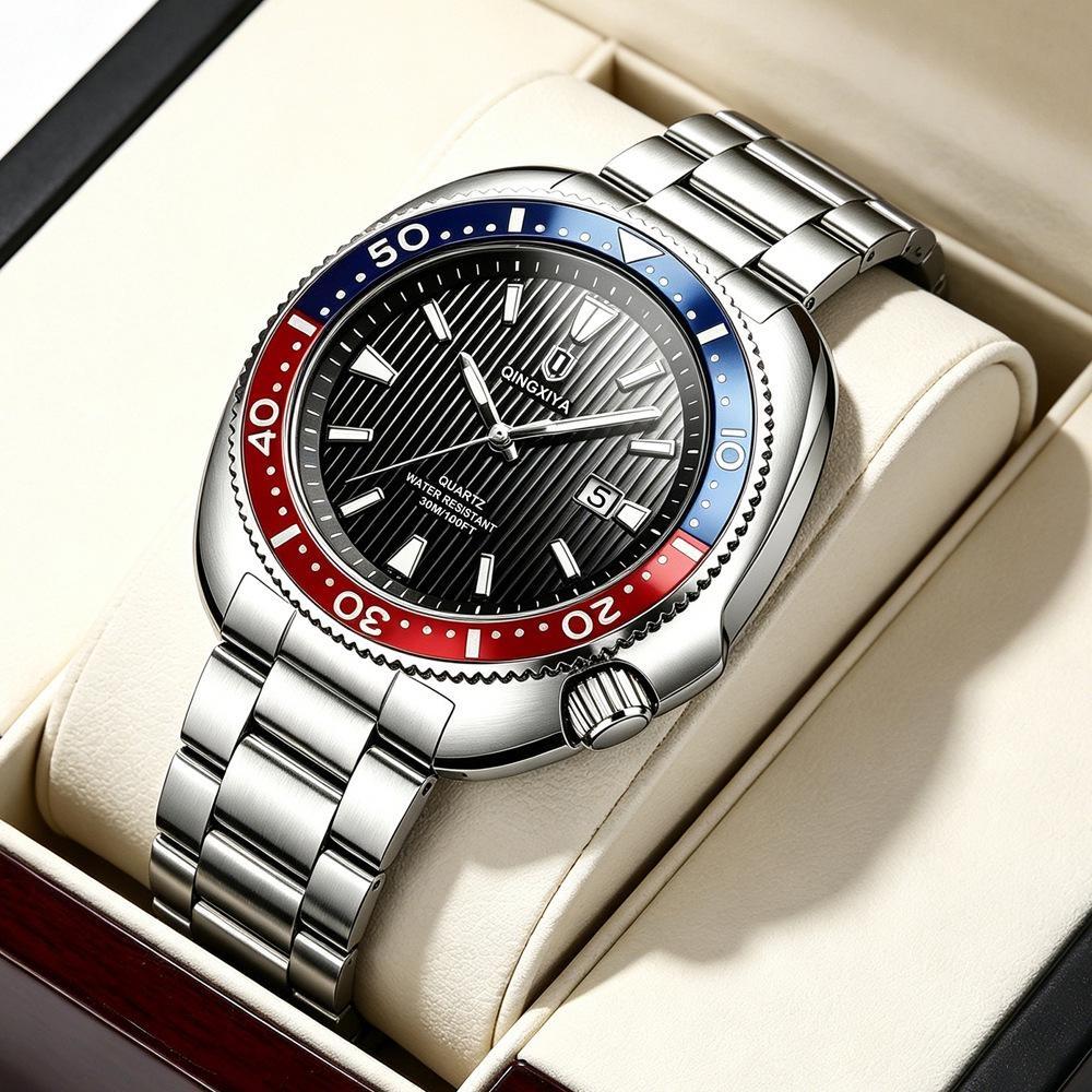 Business Mens Analog Watches Wateproof Diving Watch Luminous Dial Steel Band Daily Calendar Quartz Watch
