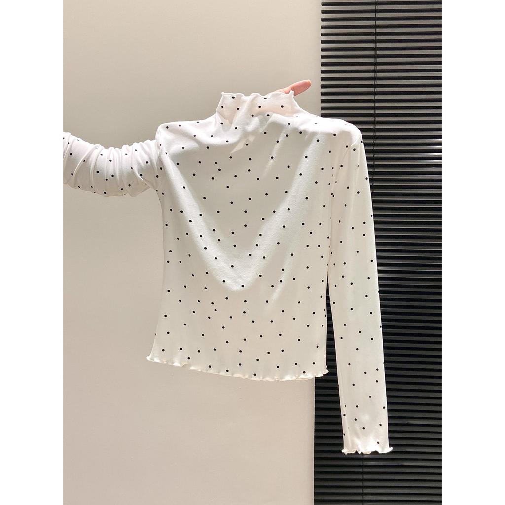 Women's Polka Dot Ruffle T-Shirt: Warm Long Sleeve, Half-High Collar Base Layer for Autumn/Winter