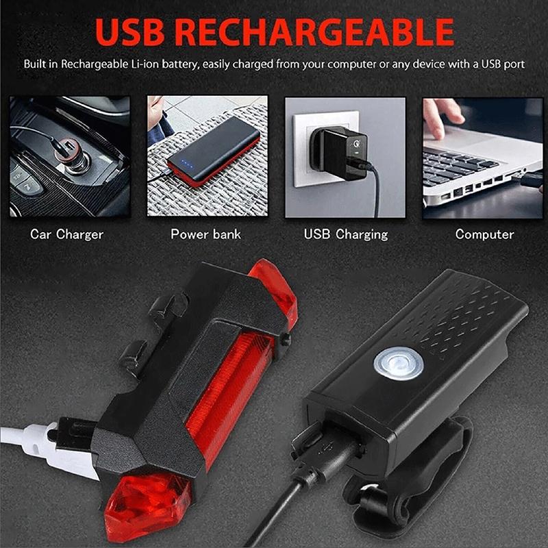 Bike Bicycle Light Usb Led Rechargeable Set Mountain Cycle Front Back Headlight Lamp Flashlight Cycling Safety Warning Light