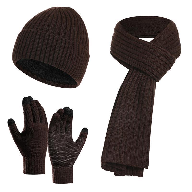 Unisex Custom Logo 3pcs Knitted Plain Polyester/Cotton Beanie Hat Scarf Gloves Set Long Warm Winter Clothing for Men Women
