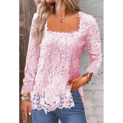 Damenmode Lässige Oberteile Herbst Winter Quadratischer Kragen Spitze Basisshirt Langarm T-Shirts