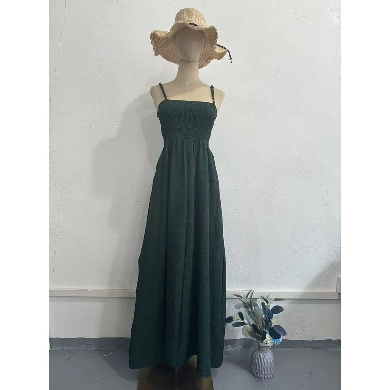 

Western Style Sexy Backless Sling Pleat Fresh Temperament Waist Hugging A Word Dress Sling Sexy Dress Green L