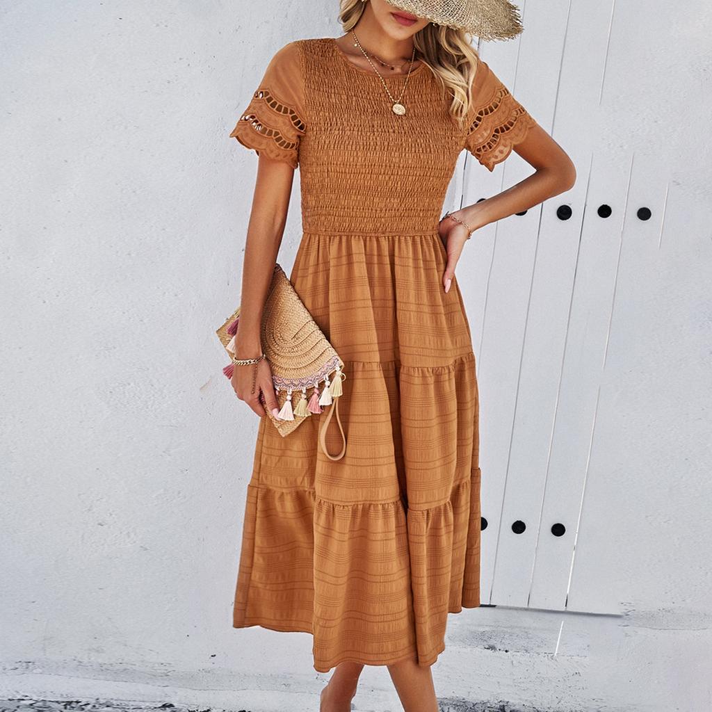 Vestido Feminino da Moda de Cor Sólida, Gola Redonda, Manga Curta, Solto