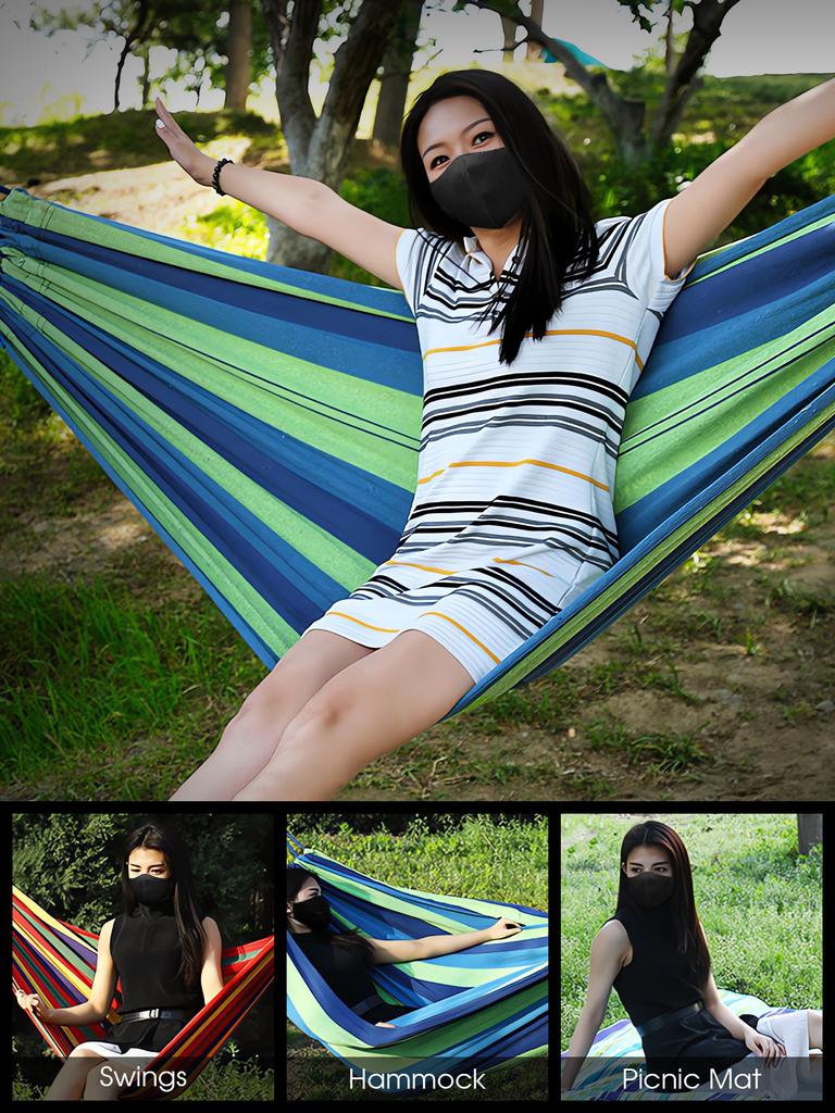 Blue 260 * 75cm outdoor camping hammock with rope, anti rollover canvas hammock, double thick hammock