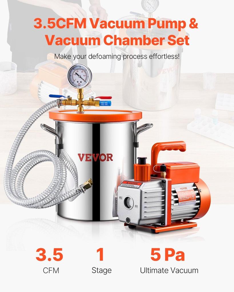 1.5 Gallon Vacuum Chamber 3.5CFM Single Stage Pump Degassing Chamber Kit