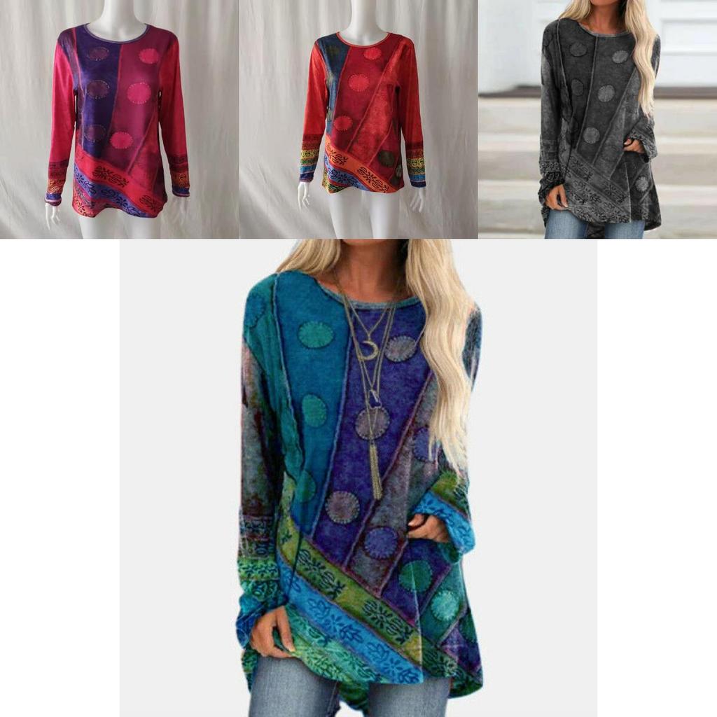 Top Hippie Boho a Maniche Lunghe da Donna Taglie Forti con Tessuto Morbido e Fantasia Floreale