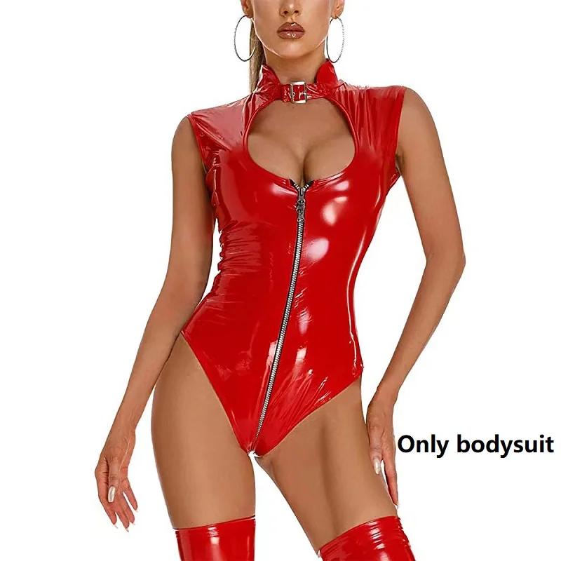Dobbel glidelås Sexy åpent skritt glanset skinn bodysuit for kvinner Hot porno bryst eksponerer skinnende lateks trikot ermeløs Sexi