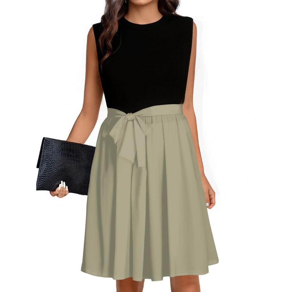 Women's Fashion Casual Lace-up Sleeveless Round Neck Splicing Short Dress