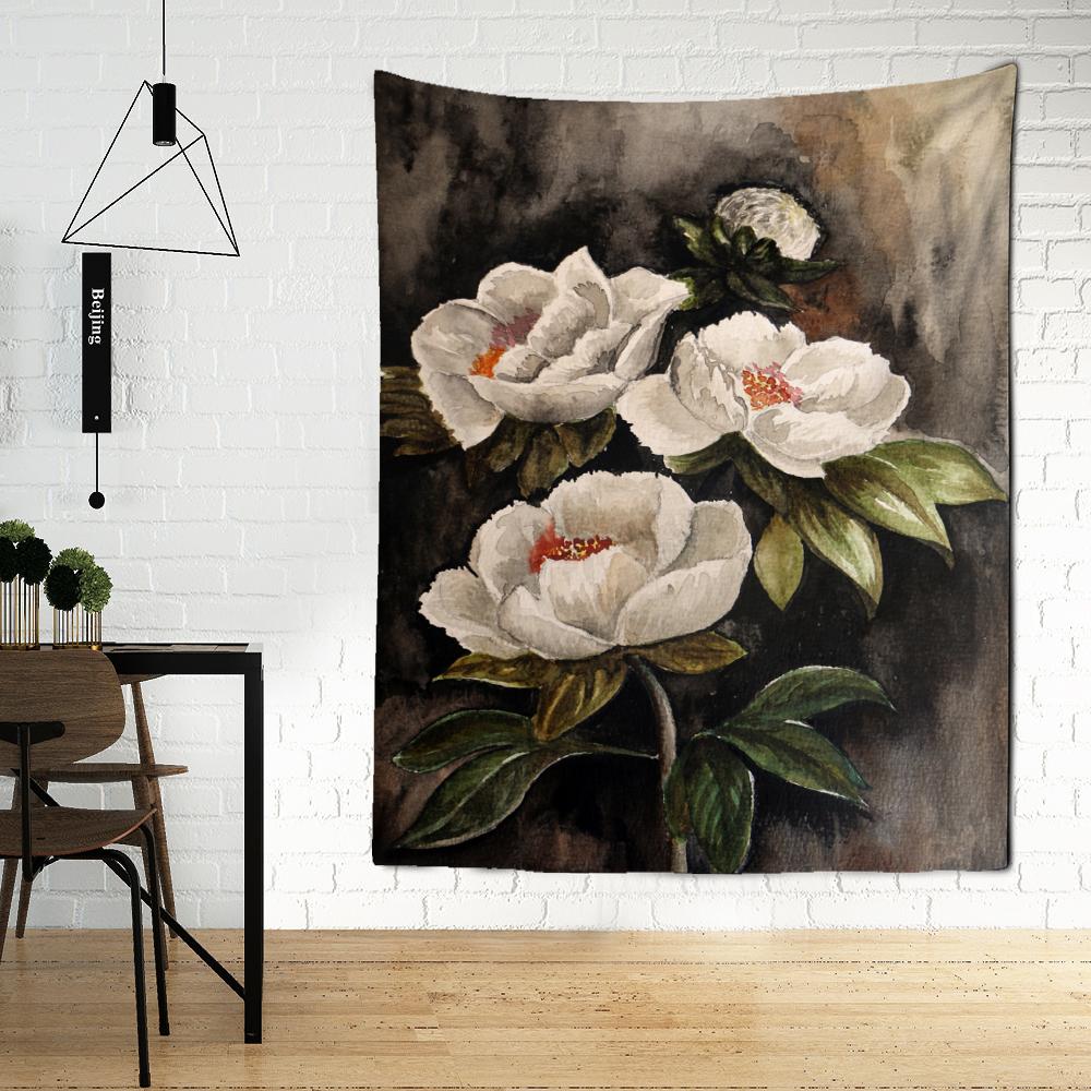 Elegante Arazzo da Parete con Fiori Bianchi Motivo Fiori ad Inchiostro Bohemien Psichedelico Hippie Decorazione per la Casa