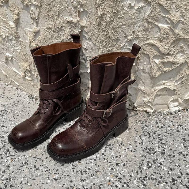 Autumn and Winter Large Tube Knight Boots Women's Leather Large Size Women's Boots Sleeve Solid Color Cowhide Rubber Sole Versatile Medium Tub