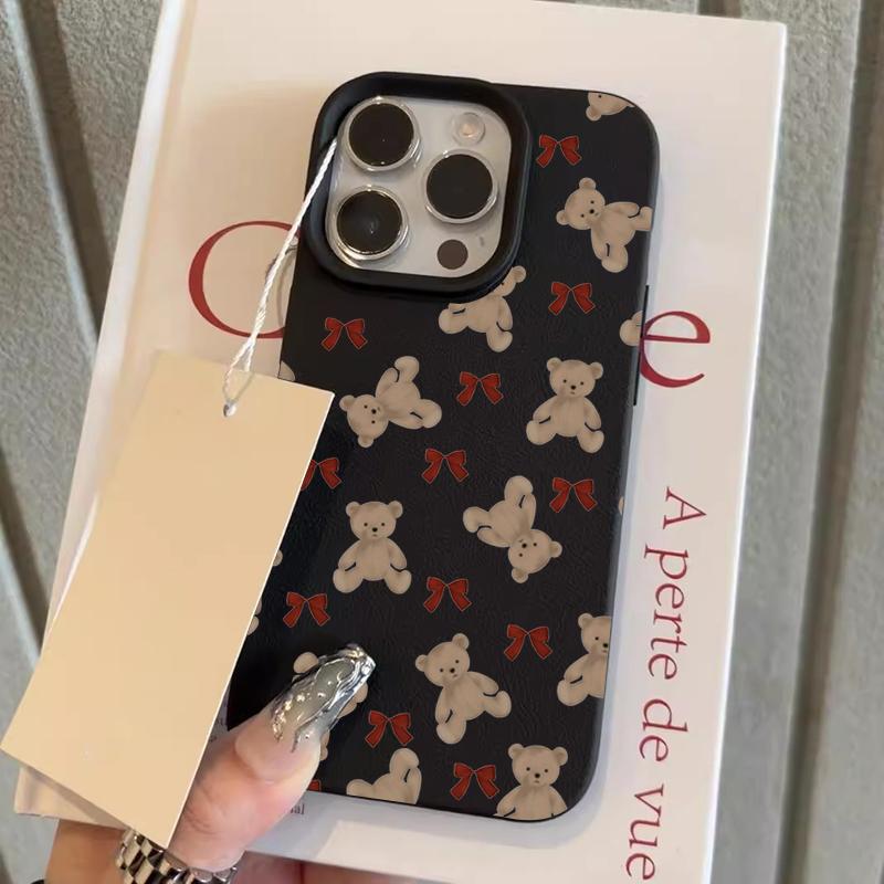

Little Bear Bow Pattern Lychee Texture Phone Case For iPhone 17 16 15 14 13 12 11 Pro Max 17 Air 15 Plus X XS XR Soft Cover iPhone XR