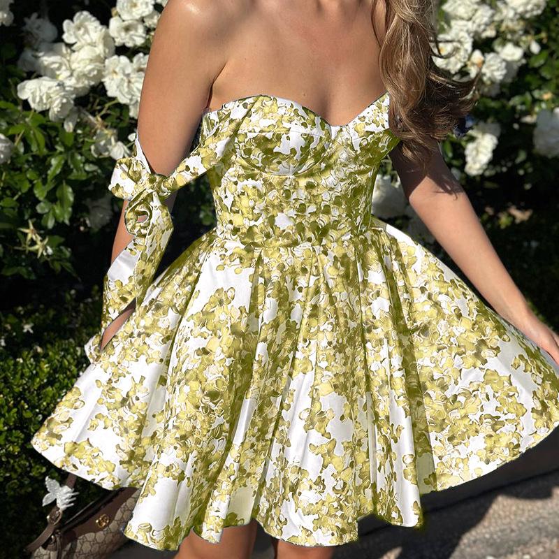 Vintage Blue Print Bow Lace-Up Sling Dress For Women High Waist Pleated A-Line Mini Dresses Summer New Vocation Lady Vestidos