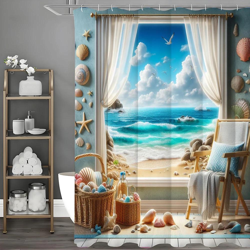 

Scenic Ocean View Shower Curtain With Blue Sky And Sandy Beach For A Relaxing Bathroom Experience W60H190(CM)-1 Pcs