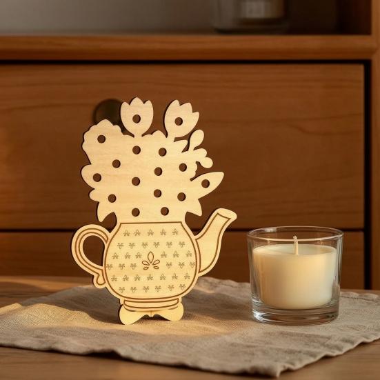 Home Soft Furnishing Wooden Teapot Shape Flower Holder, Natural Wood Floral Display Stand, DIY Hand Painted Art Blank Vase Decor for Artificial